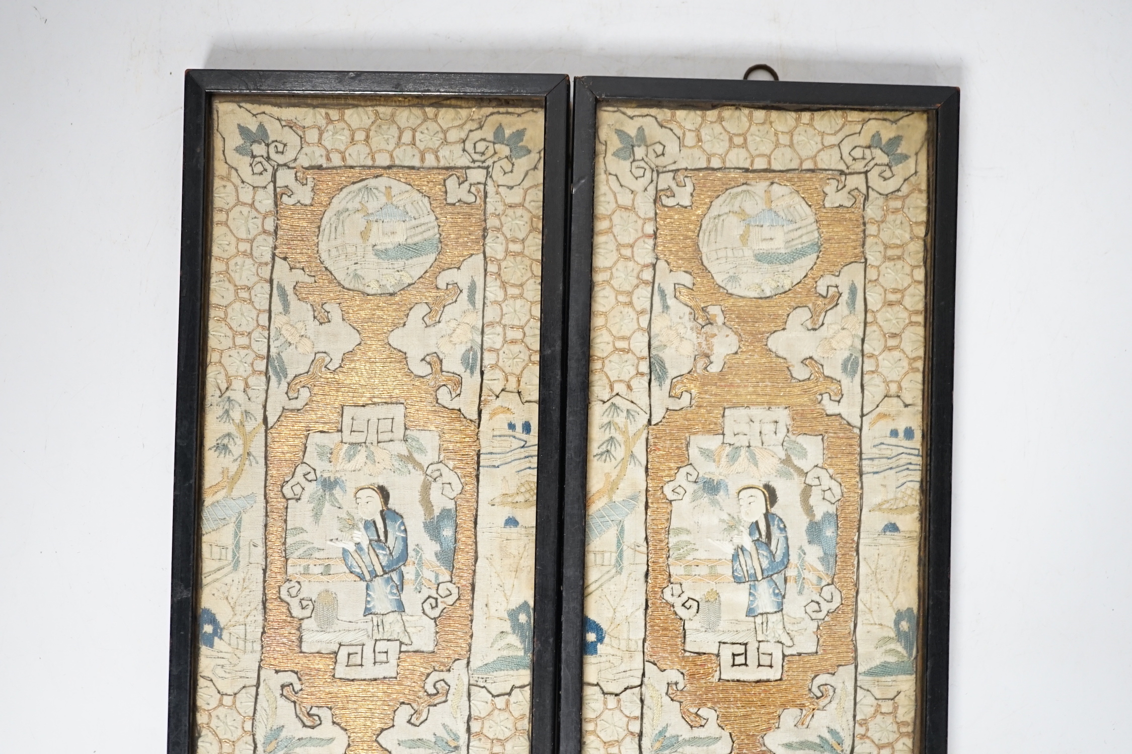 A pair of framed Chinese needlework pictures, 25.5 x 10.5cm